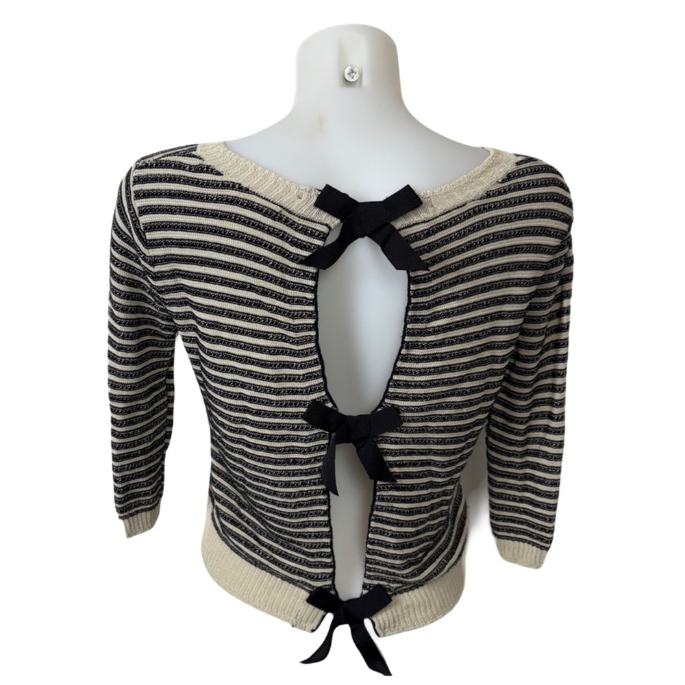 RACHEL Rachel Roy Black and Cream Striped sweater with Back Bow Details